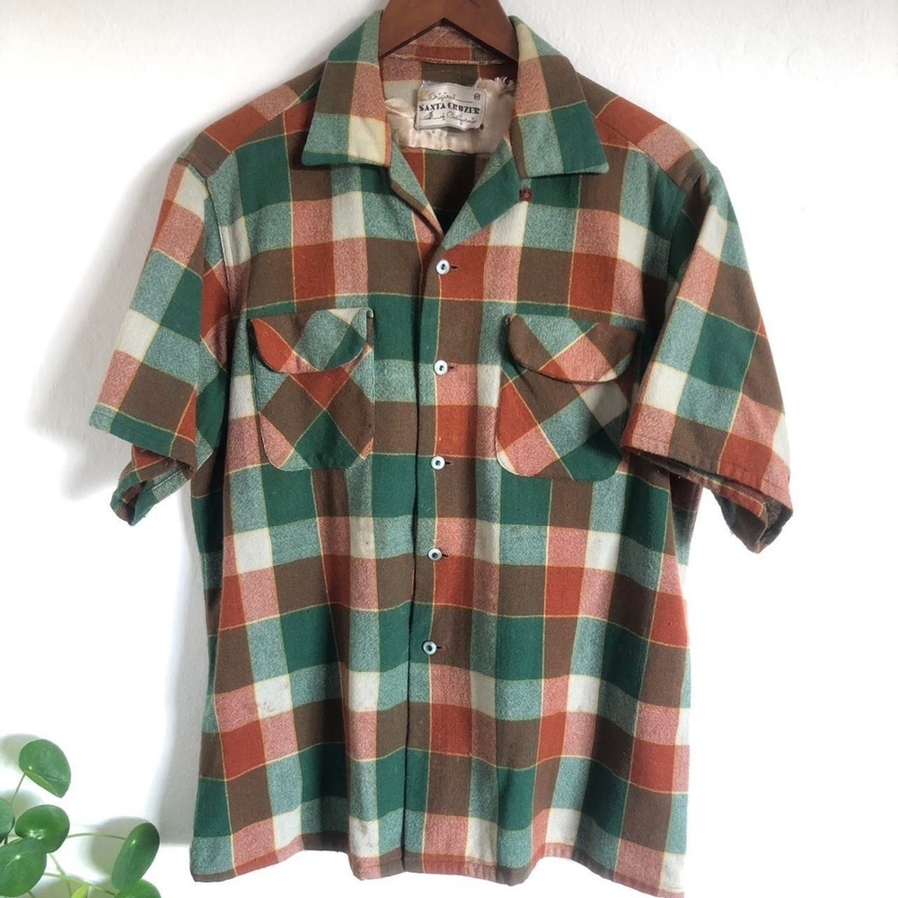 Vintage 1950s shirt plaid wool loop collar rust green 50s rockabilly punk rock L
